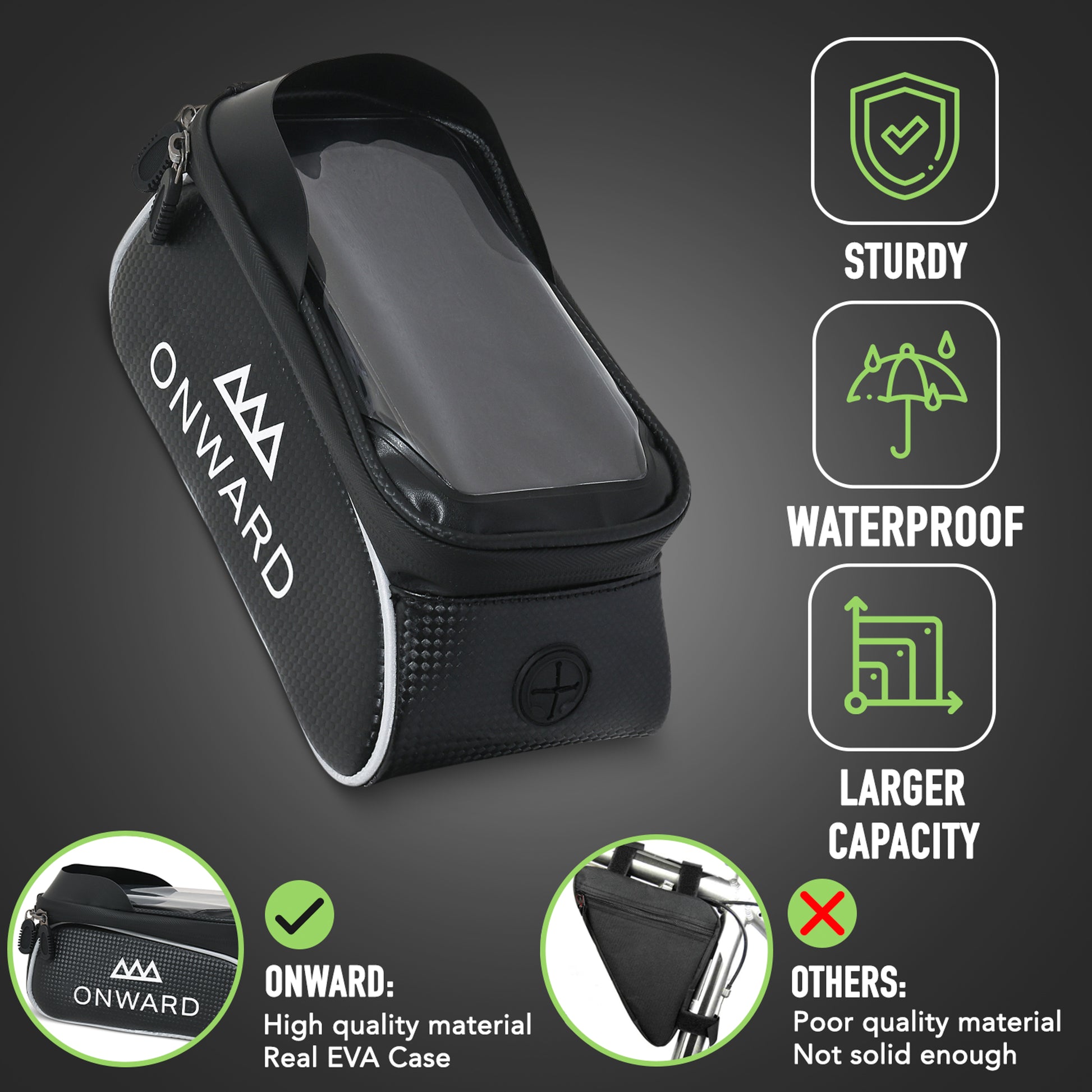 Black carrying case with 'ONWARD' branding, features highlighted on a dark background