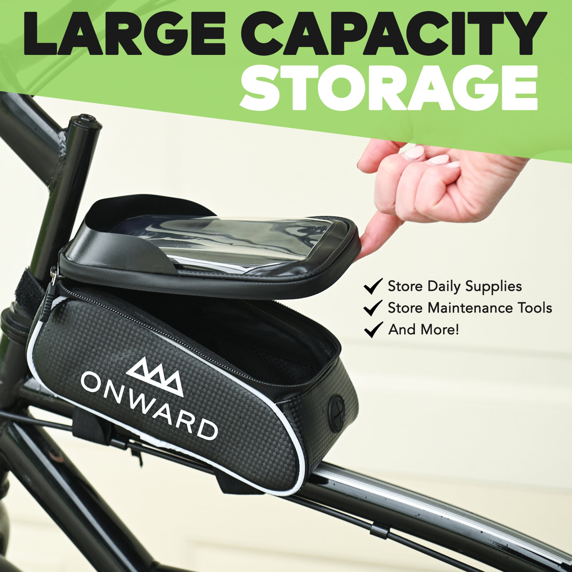 Bicycle frame bag with 'ONWARD' branding and text about large capacity storage.
