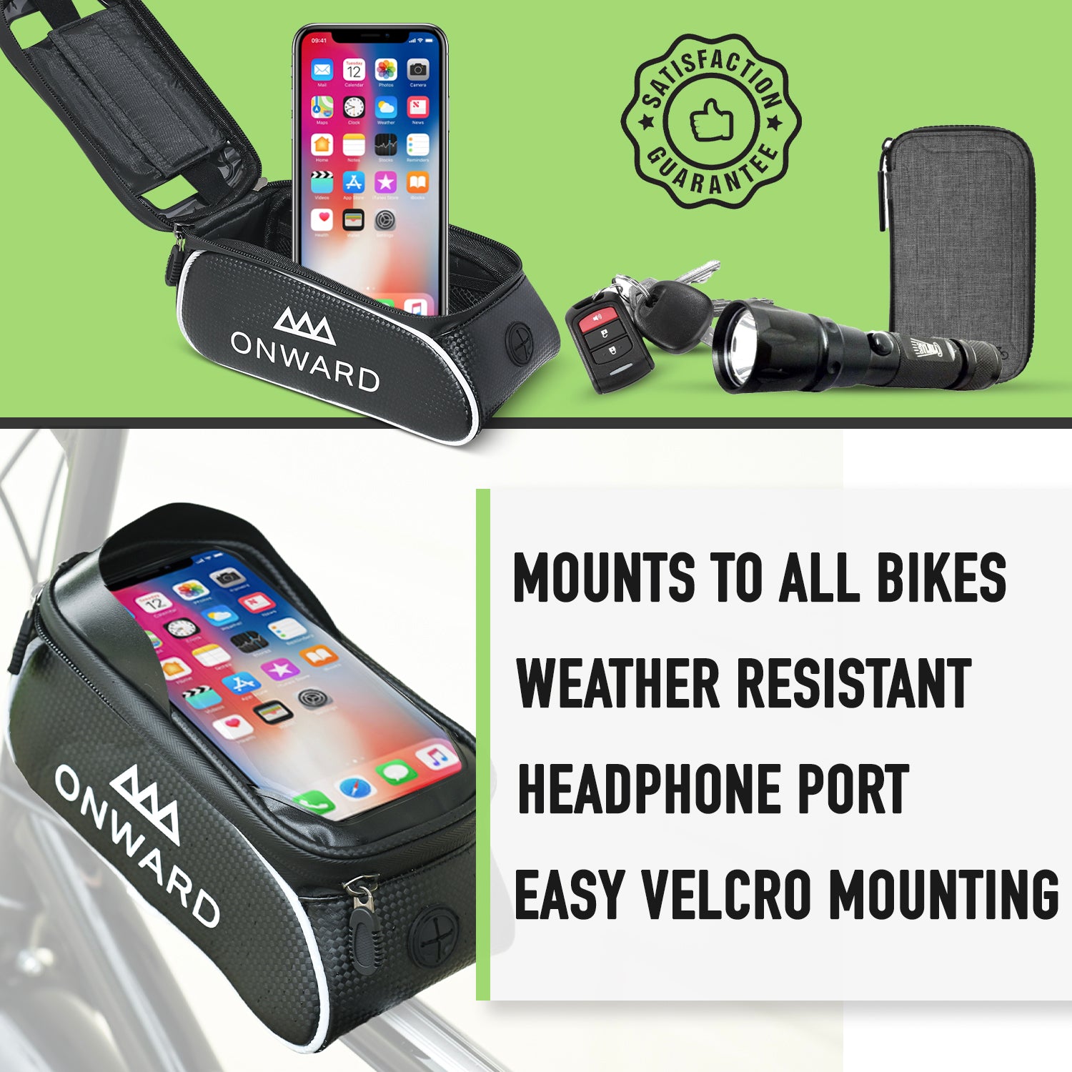 Bicycle phone mount with smartphone, flashlight, and keys on a green background, featuring 'Onward' brand.