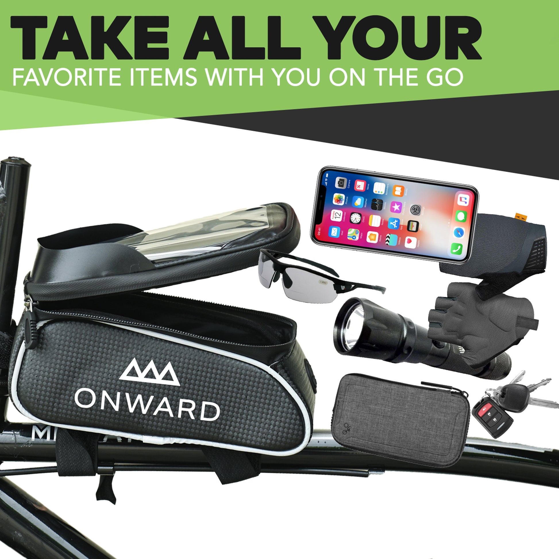 Bike frame bag capable of holding large accessories for convenient riding and storage.
