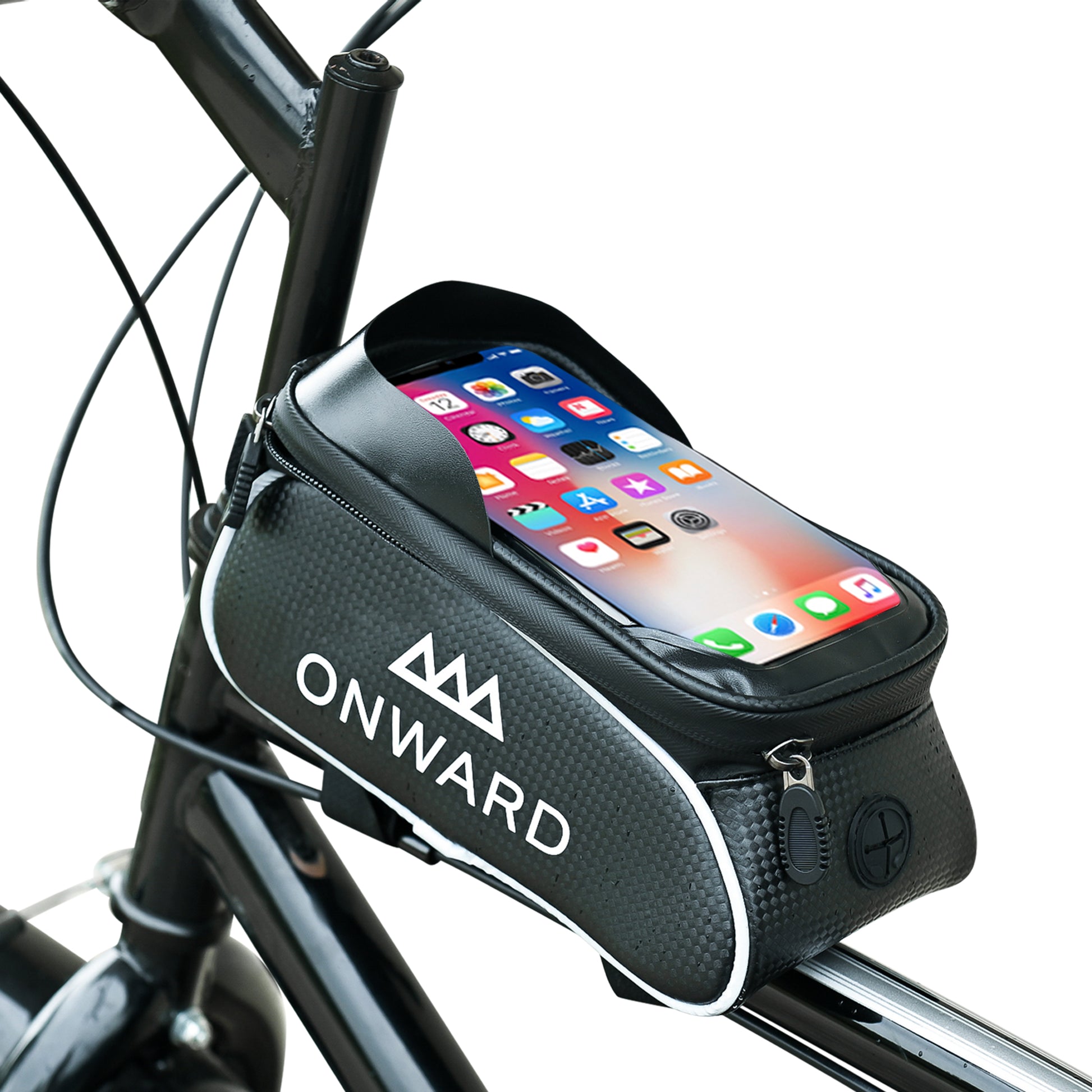 Bicycle frame bag with smartphone displaying app icons, branded 'Onward'.