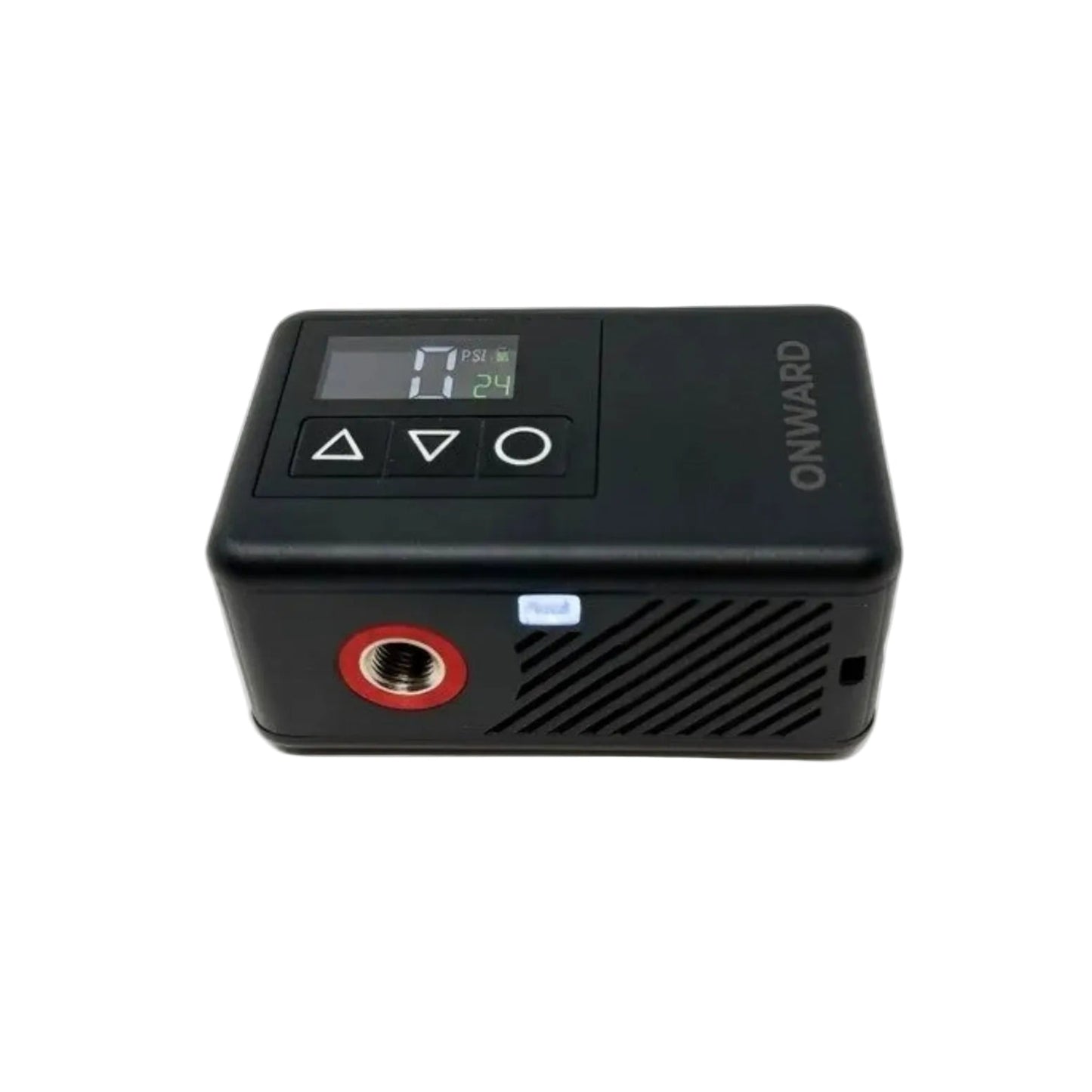 Black electronic device with digital display on a white background