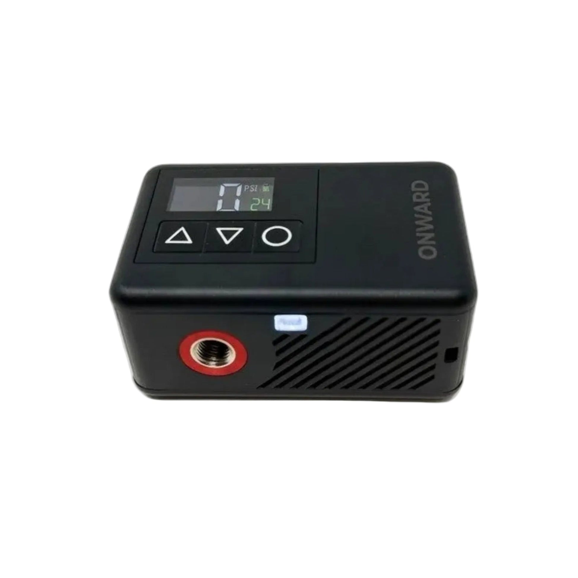 Black electronic device with digital display on a white background